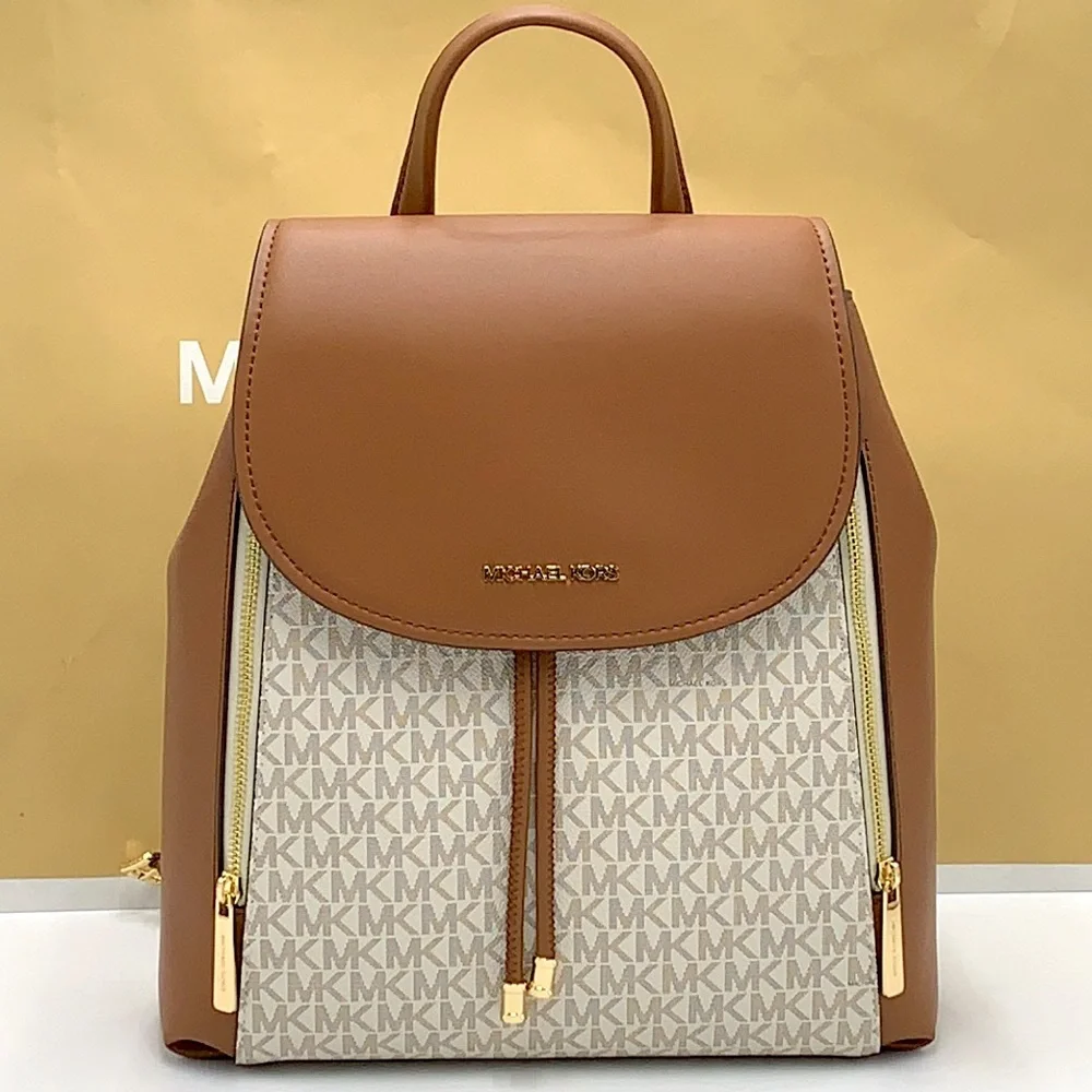 MICHAEL KORS PHOEBE MEDIUM DRAWSTRING BACKPACK VANILLA / BROWN SIGNATURE COLOR